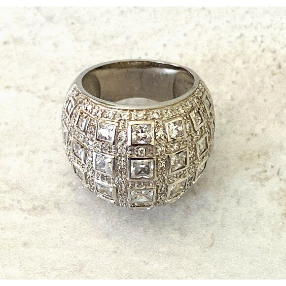 Sterling Silver Cubic Zirconia Domed Bombe Ring Statement Sz 7.5 Cocktail 13 Grs - Picture 6 of 11